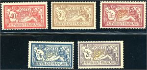 96-100. France. The "Merson"-set unmounted mint. The 50 c and 2 Fr is signed (the 2 Fr with some smal finger marks), the 40 c is hinged.