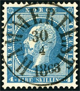 4. 4 skilling Oscar, rettvendt stemplet "Hammerfest 30.4.1863" (FI) i svart farge.