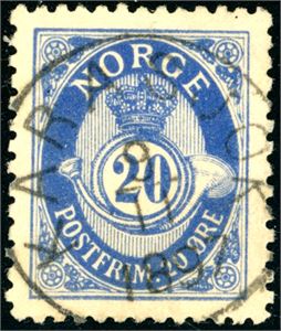 69. 20 øre grovtagget Knudsen, pent fullstemplet "Karasjok 8.11.1893".