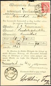62. 10 øre grovtagget Centraltrykkeriet på den uvanlige blanketten (Bl.no 166) "Adressatens Recepisse for indenrigsk Postanvisning", stemplet "Grimstad 26.5.96". Mottagsstemplet "Arendal 27.5.96".