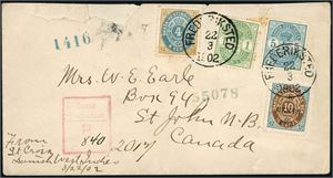 7 B--19,36. DWI. 4 cent, 8 c Provisional together with one 1 c- and one 5 c Coat of Arm on envelope, cancelled "Frederiksted 22.3.1902" and sent as registered letter to Canada. Also one envelope with five 5 BIT Chr. IX, cancelled "St. Thomas 8.6.1916" and sent to Tortola, British Virgins Islands. Both envelopes with remarks.