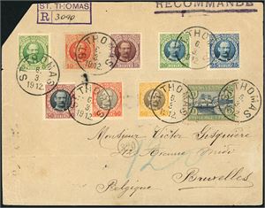 30--43. DWI. 9 stamps on an envelope, cancelled "St. Thomas 6.3.1912" and sent registered letter to Belgium. The envelope are cut on the top and in upper left corner. Also a postcard from Egypt to St. Croix in 1907 with many brown spots.