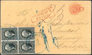 USA. 17. 48 cents postage to Norway. The 12 c 1851 in a block of four on envelope to Norway in 1856, cancelled "Madison Wis". "Aachen 12 8 Franco" in red beside. At reverse "New York Jul 28" in red and two different German postmarks. Certificate PF says "It is a genuine usage, but with the bottom margin of the block and the left margin of the left top stamps added and the frame lines drawn in.". One of only six 12 c 1851 blocks used on full cover, this being the only one used to Norway. Ex. Donald Richardson.