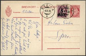 10 øres brevkort oppfrankert med 5 øre provisorie, stemplet "Steila 6.2.23" (AK, 9 pkt) og sendt til Spro.