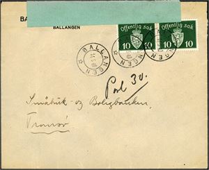 T 42. To 10 øre Offentlig Sak på konvolutt, stemplet "Ballangen 14.5.40" og sendt til Tromsø. Grønnblå sensurstripe "Postkontollkontor nr. 8 (M.P.K.)" (med liten skrift) påsatt i øvre kant.