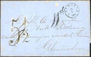 Komplett ubetalt brev, stemplet "Grimstad 18.9.1866" og sendt til Gloucester, England. Påstemplet både portotall "5 1/2" og "11 d" på forsiden. Baksiden med bl.a. "Sandøsund", "Kiel-Neumünster", "London" og ankomststempel "Gloster Sp 23 68".