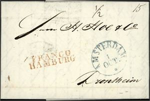 Komplett brev, stemplet "Amsterdam 1 Oct." og "Franco Hamburg" og sendt til Trondhjem. Baksiden med bl.a. "K.S. & N.P.C. Hamburg 4. Oct. 33" og porto "64 sk".