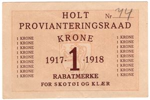 Rabattmerke Holt provianteringsraad. 1 krone 1917-1918. Kv.0/01