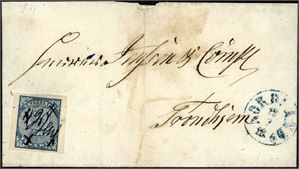 1. 4 skilling våpen 1855 på brevomslag, annullert  med håndskrevet "Jensen" og ved siden transittstemplet "Nordland 12.2.1856". Merket med to meget brede marger og to normale/litt smale. På baksiden er brevet er datert "Kulstadøen 3.2.1856" samt håndskrevet "Vefsen 3/2 56". Hr. Jensen var  poståpner i Vefsen i minst 15 år fra 1853.