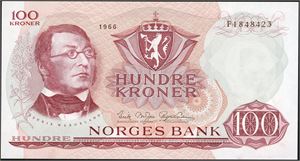 100 kroner 1966, serie F 1848423. 0