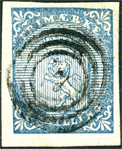 1. 4 skilling våpen 1855, anert med nummerstempel "7" (Aasgaardstrand, VF). To gode- og to litt smale marger.