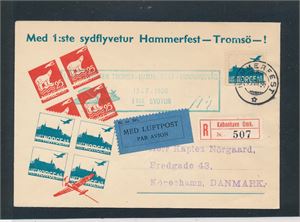 FØRSTEFLYVNING Hammerfest-Honningsvåg 1ste sydtur. Sendt rekommandert til København