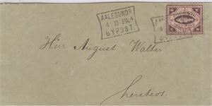 Aalesund Bypost nr 2, 3 øre brun på rosa papir på konvolutt stemplet "Aalesund Bypost 4.11.1884".