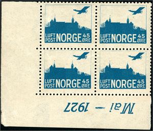 155 I. Luftpost I, plate I i 4-blokk fra nedre, venstre hjørne av arket med marginal "Mai-1927"..