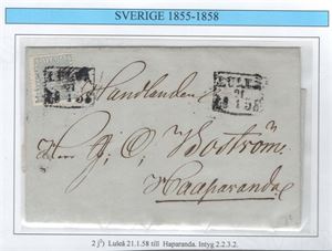 F2j2 4 skill b:co på brev med fyrkantstämpel  LULEÅ 21.1.1858,  intyg, H.O.W, "gott exemplar" 2,2,3,2