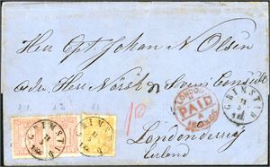 6,9. 18 skillings porto til Irland. 2 skill og et horisontalt par 8 skill på brevomslag til Londonderry, stemplet "Grimstad 11.5.1866". Ved siden stemplet "London Paid Postage" i rødt. På baksiden stempler fra "Sandøsund", "Lübeck" og "London" samt "Derry My 17 66". Noen rustflekker på taggene.