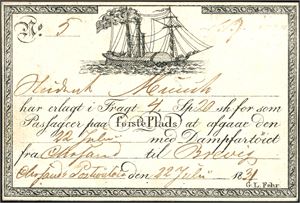 Constitutionen. Billett fra 22 Juli 1831 for 2 passajer på 1. klasse.