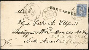 54. 20 mm på konvolutt til USA, stemplet "Risøer 5.7.87", og sendt til Sheboygan, der brevet er omadressert og stemplet "Sheboygan Jul 2 1887" samt linjestempel "Forwarded" og videresendt Chicago. Baksiden med 3 amerikanske stempler.