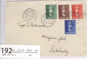 NK 225-228 MAUD FDC  STEINKJER 24-7-39 på brevforside
