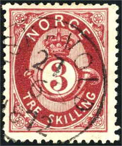 18 bY. 3 skilling Posthorn med stående vannmerke, stemplet "Askevold 27.6.1872".