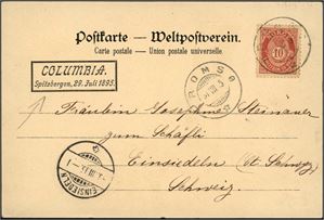 62. 10 øre posthorn på dekorativt "Gruss aus"-kort fra S.S.Columbia, stemplet "Tromsø 31.8.95". Ved siden firkantet stempel "Columbia Spitzbergen, 29. Juli 1895." samt ankomststempel i Sveits.