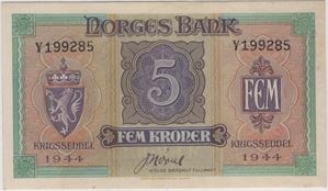 5 kroner 1944 Y.199285. Kv.01