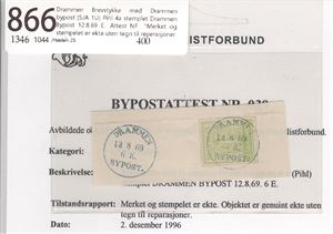 Drammen Brevstykke med Drammen bypost (S/A 1U) Pihl 4a stemplet Drammen Bypost 12.8.69 E.  Attest NF:  "Merket og stempelet er ekte uten tegn til reperasjoner