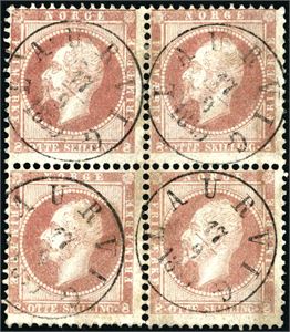 5. 8 skilling Oscar i fireblokk, hvert merke stemplet "Laurvig 17.9.1859". Merkene er noe bleke.
