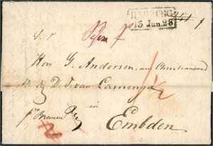 Komplett brev datert "Christianssand 31. May 1828" og sendt til Emden. Påskrevet "Frco Bremen" samt stemplet "Hamburg 13 Jun.28" på forsiden. Baksiden med stempel "K.S. & N.P.C. Hamburg" samt et utydelig ovalt stempel i rød farge.