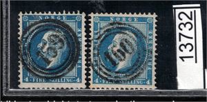 Nk 4 o. Diagonale fullstempler "159" (Kongsvinger), og "160" (Kragerø)