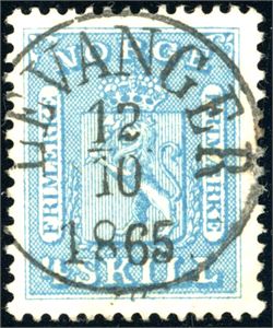 8. 4 skill, pent fullstemplet "Levanger 12.10.1865" (NT). Meget pent merke.