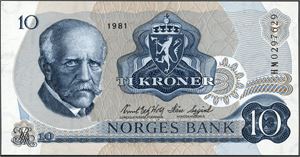 10 kroner 1981, serie HM 0297629. Erstatningsseddel. 0