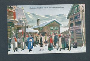 CHRISTIAN FREDRIK HILSER PAA DOVREBØNDERNE (anonymt). Flott fargekort stemplet "TONSAASEN 4 II 16" til Helsingborg