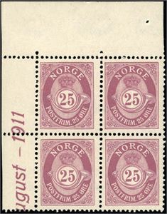 104. 25 øre posthorn i 4-blokk fra øvre, venstre hjørne av arket med marginal "..ugust-1911". (10.000,-).