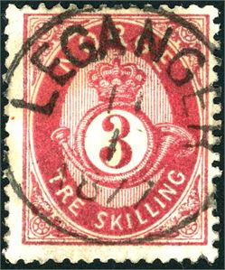 18. 3 skilling Posthorn, rettvendt fullstemplet "Levanger 11.1.1877".