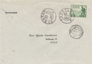Kronet Posthorn TÅRNELV type 1 (Troms (8 pkt i NK Postal III). Greie avtrykk på trykksakbrev frankert med NK 360, sidestemplet ROSSFJORDSTRAUMEN TA 10-12-47 (3 pkt).