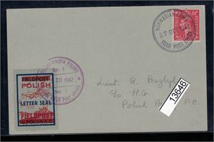 GB - FELTPOST Kort til offiser i polsk arme stemplet "NORWEGIAN ARMY FIELD POST OFFICE 27 OCT 1942". Påsatt polsk oblat