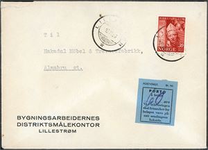 418. 30 øre Kirkejubileum på konvolutt, annullert med hjelpestempel "Lillestrøm 12.11.53" (AK).