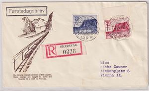 NK 223 - 224, Nordkapp II, St Nordkapp 20-6-38.  Stempelvignett 3 og Vignett 1  (Begge 8 pkt)  Sendt til Vienna
