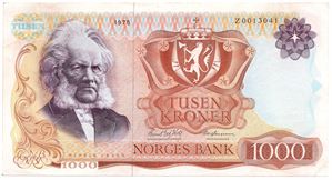 1000 kroner 1975 Z.0013041 erstatningsseddel. Kv.1/1+