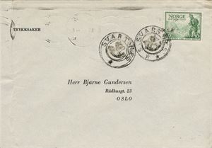 Kronet Posthorn SVARTNES (FM / 7). Noe grøtete avtrykk på trykksakbrev frankert med NK 360. Også svakt maskinstempel Vardø 13.12.47.