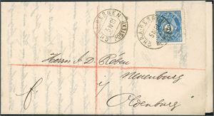 24 IIIb. 5 øres porto til Tyskland. 5 øre skravert Posthorn på trykksak til Oldenburg, stemplet "Chr.a-Bergen Postexp. 5.4.81".