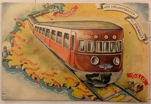 REKLAMEKORT-NSB, lepollelo kort med reklame for sørlandsbanen. Brukt 1944.