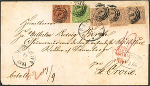 8,9,10. 60 skillings porto til St. Croix. 4 s, 8 s and three 16 s 1855 on entire to St. Croix, cancelled with numeral "1" and "Kiøbenhavn 11.3" at side together with ""Hamburg 12.3.1862" and "London". "K.D.O.P.A. Hmburg" at reverse. The margins are mixed.