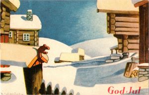 AUKRUST. Gårdstun med masse snø (Oppi 559/1). Stpl i 44.  Kv. 1-2