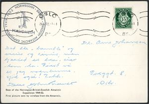 A Norwegian 15 øre Posthorn on postcard, cancelled "Oslo 29.5.52" with cachet "Norwegian-British-Swedish Antarctic Expedition 1949-1952 Maudheim" at side. Also an unused postcard, both with images from the expedition.