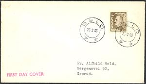 431,436. 25 øre Haakon på uadressert konvolut, stemplet "Oslo Kassektr. 16.2.56" og 75 øre Haakon på konvolutt, stemplet "Oslo 25.2.56". Sistnevnte med noen mindre brune skjolder. (4.100,-).