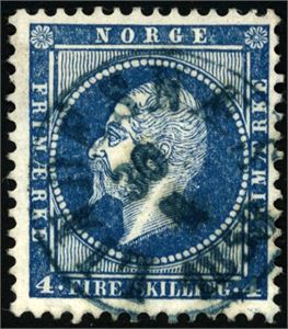 4. 4 skilling Oscar, annullert med dampskipsstempel "Lindesnæs 30.4.1858" i blått.