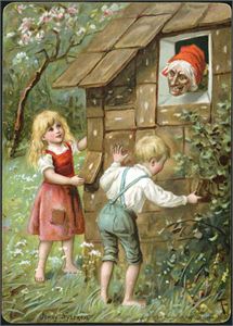 Jenny Nystrøm. Hans og Grete og heksen. Brukt i 1895. K-1