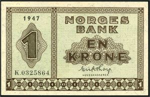 1 krone 1947, serie K.0325864. 0/01